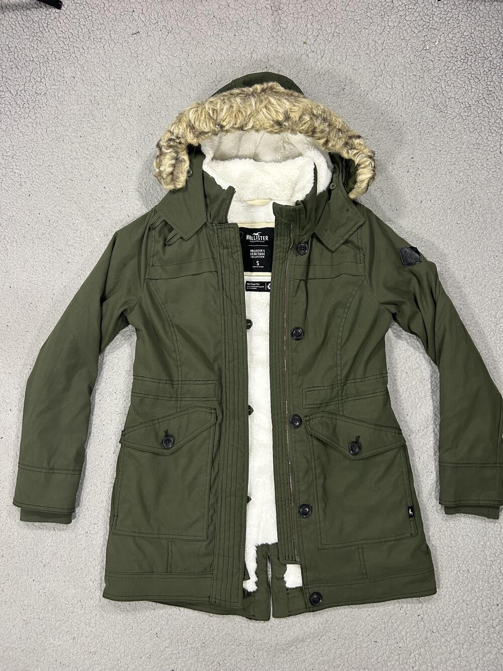 Hollister Coat Women Small Green Faux Fur Lined Hooded Canvas Parka Y2K Outdoors